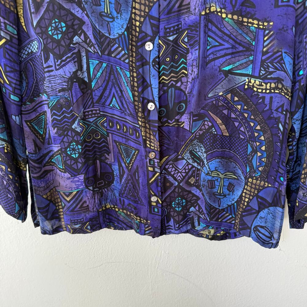 Chico's Design blouse 100% silk purple and blue artistic pattern Size XS - Picture 5 of 9
